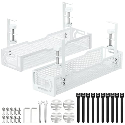 2Pack Under Desk Cable Management Tray, No Drill Mesh Desk Cable Tray, Wire Management Tray Cable Management Rack, Wire Organizer and Cable Management Box (White) - color: 2Pack-White (15.3''+15.7'')