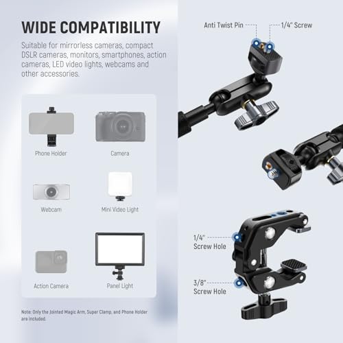 NEEWER UA057 22" Magic Arm w Clamp, Overhead Desk Camera Phone Mount Articulating Arm, 1/4" 3/8" Threads for ARRI Compatible with iPhone DSLR Action Camera Light, LP40 Photo Studio Light Box Included
