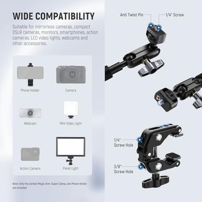 NEEWER UA057 22" Magic Arm w Clamp, Overhead Desk Camera Phone Mount Articulating Arm, 1/4" 3/8" Threads for ARRI Compatible with iPhone DSLR Action Camera Light, LP40 Photo Studio Light Box Included