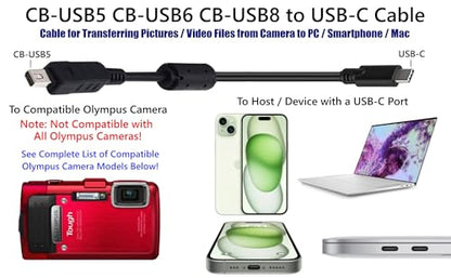 USB C to CB-USB5 CB-USB6 Photo Transfer Charge Cable for Select Olympus Stylus Tough SH TG DSLR Cameras Compatible with PC, iPhone 15, Android, MacBook with USB-C (See Product Details Before Buying)