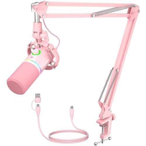 MAONO XLR/USB Dynamic Microphone Kit, RGB Gaming Mic with Software, Mute, Gain Knob, Volume Control, Boom Arm for Streaming, Podcasting, Voice-Over, Recording-PD200XS Pink - color: Pink, style: PD200XS Pink