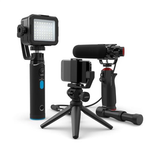 Starter kit with Mini Led Video Light +Pistol Mic+Universal Cell Phone Holder Clip+ Pistol Grip Tripot, Smartphone/Camera Compatible,Black