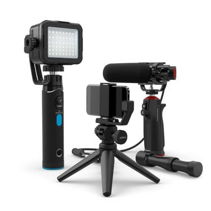 Starter kit with Mini Led Video Light +Pistol Mic+Universal Cell Phone Holder Clip+ Pistol Grip Tripot, Smartphone/Camera Compatible,Black