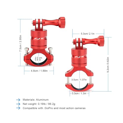 Mountain Bike Camera Handlebar Mount for Gopro Hero 13 12 11 10 9 8,360 Degree Rotation Aluminum Motorcycle Bicycle Rack Mount Holder forDJI Osmo Insta360 AKASO and Other Action Camera（Red） - color: Red