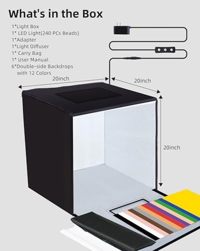 Glendan Light Box Photography: 20x20 inch Photo Studio Light Box with 240 LED Dimmable LED Lights - Folding Photo Box with 12 Color Backdrops for Jewelry Food Electronics Product Photography - size: 20*20 inch