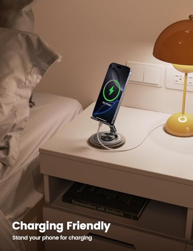 Foldable 360° Rotating Phone Stand for Desk | Cellphone Stand with Anti-Slip Base Portable Phone Holder for iPhone 17 16 15 14 13 Pro Max, All Smart Phones, iPad - color: Wood Grain Black
