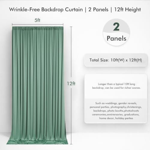 10ftx12ft Wrinkle Free Sage Green Backdrop Curtain Photo Backdrop Drapes | 2 Panels 5×12ft Height Sage Silky Polyester Fabric Back Drop Cloth for Wedding Party Birthday Photography Background Drape - color: Sage Green, size: (W)5ft x (H)12ft (2 Panel)
