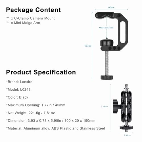 Camera Clamp Mount C Clamp with 1/4'' Screw Magic Arm - Perfect for Cameras, LED Video Lights, Monitors, Flash, Desk, Microphone, Action Camera