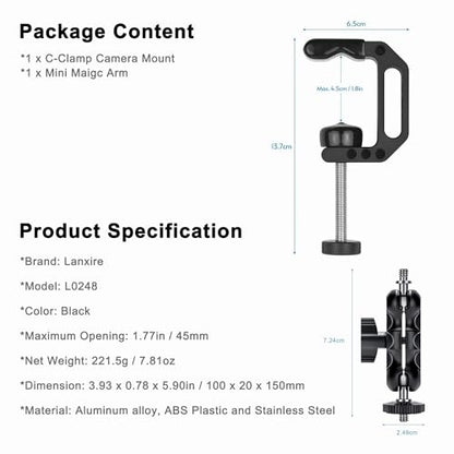 Camera Clamp Mount C Clamp with 1/4'' Screw Magic Arm - Perfect for Cameras, LED Video Lights, Monitors, Flash, Desk, Microphone, Action Camera