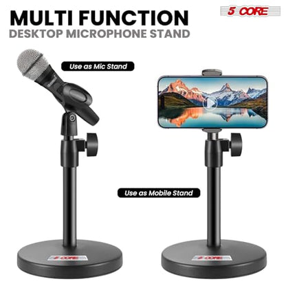 5 Core 3 in 1 Multi Function Desk Microphone Stand Adjustable Table Desktop Mic Stands with Microphone Cell Phone Clip to 3/8" Female to 5/8" Male Metal Adapter Black