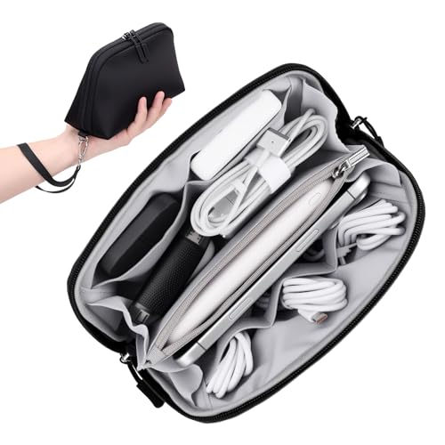 FYY Travel Cable Organizer - 8 Compartments, Lightweight, Water Repellent | With Wrist Strap, Portable Tech Pouch for Cord Charger, Travel and Business Trips Use, Soft Shell Nylon, Black (Small) - color: Black, size: (S) 8.1"× 4.7"× 2.9"