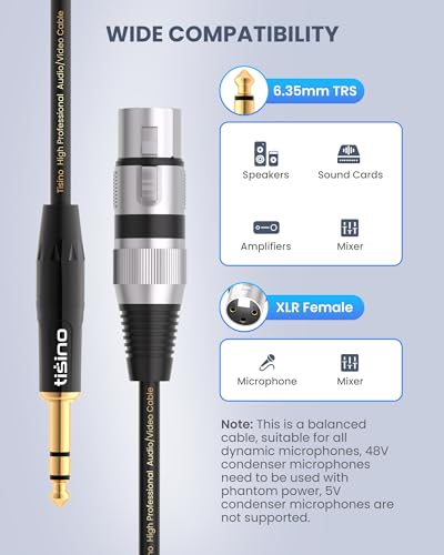 Tisino Female XLR to 1/4'' TRS Microphone Cable, 6.35mm Stereo Jack to 3-pin XLR Female Balanced Interconnect Micphone Cable - 15FT - size: 5m/15ft