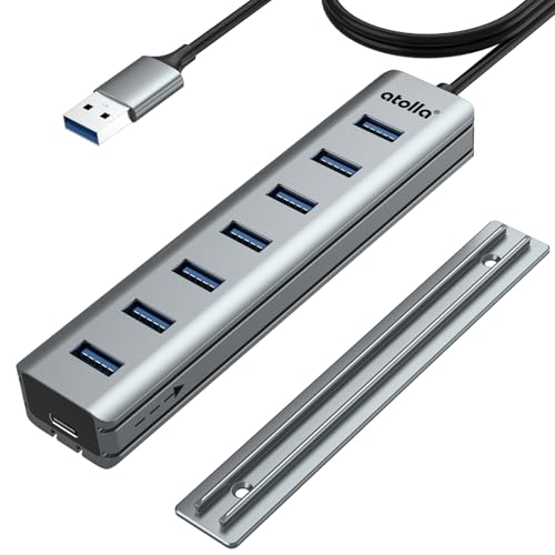 atolla 7-Port Mountable USB 3.0 Hub with Removable Sliding Rails - High-Speed Data Splitter for Desk Organization & Stable Connection, Compatible with MacBook, Laptop, PS4, PC