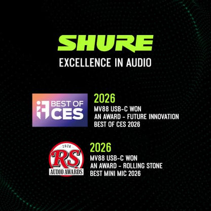 Shure MV88 USB-C Microphone for Mobile Recording, Portable Mic for Vlogging with Auto Level Mode, Real-Time Denoiser for Smart Noise Cancelling & 4 Polar Patterns, Black
