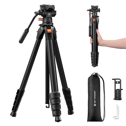 K&F CONCEPT 73” Camera Tripod with Fluid Head, Aluminum Travel Tripod for Video, Smooth Pan/Tilt for DSLR Mirrorless Camcorder, Max Load 6.6lb, for Live Streaming Vlog & Spotting Scope
