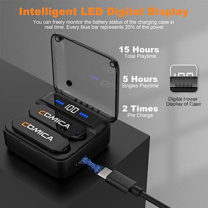 COMICA Vimo S UC Wireless Lavalier Microphone for iPhone 15/16/17/Android, Noise Cancellation, 656FT Range, 15H Battery Life with Charging Case, Lapel Microphone Wireless for Video Recording Vlogging