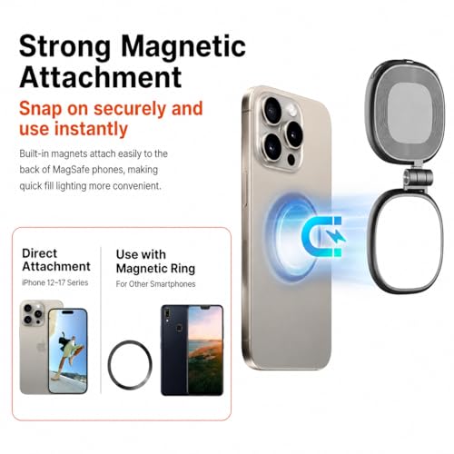 Magnetic Selfie Light Compatible with MagSafe, Foldable LED Phone Light with Mirror, 72 LEDs Stepless Brightness & Color Temperature, 360° Rotating Fill Light for Selfies, Makeup, TikTok, Zoom - color: Black-1