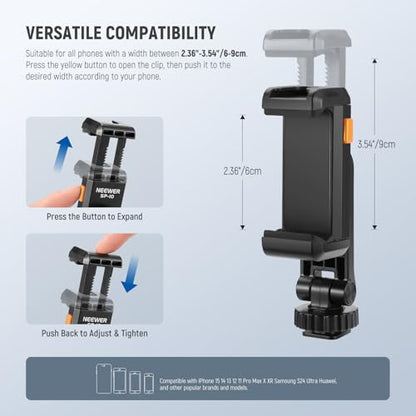 Neewer Basic Phone Tripod Mount Holder with 1/4" Thread & Cold Shoe, 2.36"-3.54"/6-9cm 360° Rotatable Camera Mount Cellphone Clamp for iPhone 16 15 14 13 12 11 Pro Max X XR Samsung S24 Ultra, SP-10 - style: SP-10