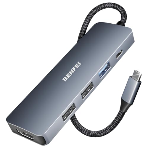BENFEI USB C Hub 5-in-1 with 4K HDMI(Certified), 100W Power Delivery, 3 USB-A, Silicone Cable, Aluminum Case Compatible with MacBook Pro/Air, iPad Pro, iMac, iPhone 15 Pro/Pro Max, XPS, Thinkpad - color: Gray, size: 5-in-1