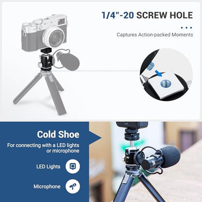1/4''-20 Camera Tripod Ball Head Mount Adapter, Mini Ballhead with Cold Shoe Mount for Camera DSLR Tripod Selfie Stick LED Light Flash Microphone Phone Cage, 360-Degree Rotation, 90-Degree Tilt