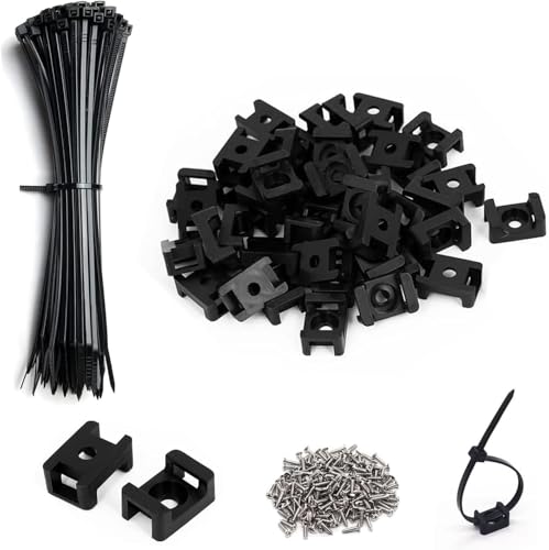 Black Cable Zip Tie Mounts Kit-50 Pcs Cable Zip Tie Saddle Type Mounts Base with 50 Pcs 8" Cable Ties and 50 Pcs Tapping Screw, Wire Cable Clips Organizer Holders Clamps - size: H1-50PCS