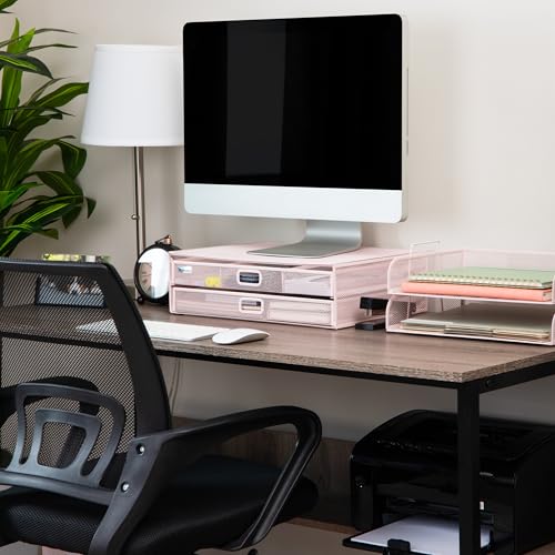 Mind Reader Mesh Monitor Stand, Pink | Storage Drawer, Ventilated Laptop Riser, Desktop Organizer, Metal Mesh
