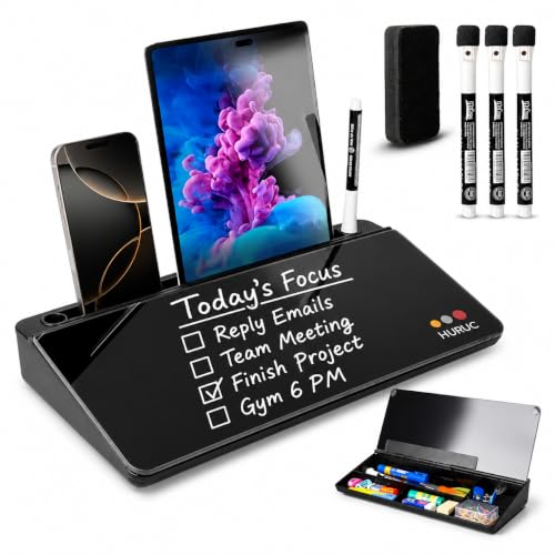 HURUC Small Glass Desktop Whiteboard with Storage,15.3"x7.08"x2.16" inch Desktop Dry Erase Board with Markers & Duster, Desk White Board Buddy Organizer for Home, Office, School (Black) - color: Black