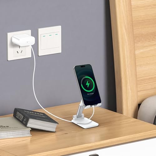 Cell Phone Stand, Adjustable Angle and Height Cell Phone Holder for Desk, Foldable and Portable, Anti-Slip Silicone Pad, Compatible with All Mobile Phones and 4-8 Inch Devices (White&White) - color: White&White