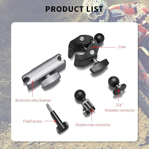 Clamp Camera Mount, Bike/Bicycle/Motorcycle Handlebar Mount for DJI camera | Action 6/5 Pro/4 3/Osmo Nano/Hero 13 12 11 10 9 8 7/Insta 360 X4 X5, with 360° Dual Ball Head, 1/4" Thread Interface Arm