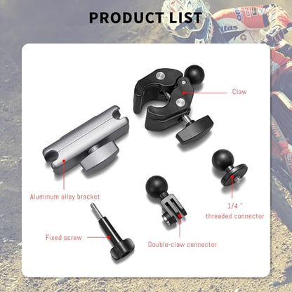 Clamp Camera Mount, Bike/Bicycle/Motorcycle Handlebar Mount for DJI camera | Action 6/5 Pro/4 3/Osmo Nano/Hero 13 12 11 10 9 8 7/Insta 360 X4 X5, with 360° Dual Ball Head, 1/4" Thread Interface Arm