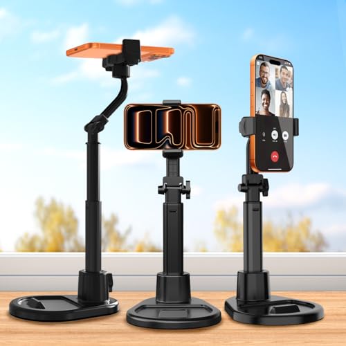 Cell Phone Stand for Desk,360° Rotating Adjustable Angle Height Phone Holder with Stable Metal Base Anti-Slip Recording Chat Tilting Stand Retractable Cell Phone Stand Office Accessories,4.7"-7",Dark - color: Dark