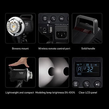 Godox MS300V 300Ws GN58 Compact Studio Strobe Flash Bowens Mount Monolight | LED Modeling Lamp, 2.4G Wireless, 0.1-1.8S Recycle Time, Flash Light for Studio,Portrait,Commerce Photography(MS300 Upgraded)
