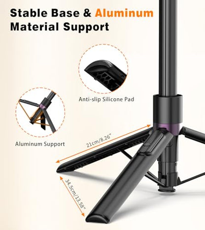 TONEOF 68" Magnetic Selfie Stick Tripod with Aluminum Strong Magnetic Holder for Magsafe, 360° Rotatable Travel Phone Tripod Stand with Metal Ring & Rechargeable Remote for iPhone/Android（Black） - color: Black
