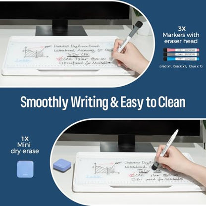 LOUKIN Glass Desktop Whiteboard, 15.3" x 5.6" Dry Erase Desk Board with Dotted and Graduated Surface, Desktop Buddy, Great for Design and Drawing, 3 Markers and 1 Dry Erase Eraser Included (White) - color: White