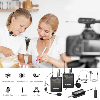 UHF Dual Channel Wireless Lavalier Microphone System-2 Bodypack Transmitters with Headset & Lapel Mics, Rechargeable Receiver, Echo Function,50m/164ft Range 1/4" Output for Recording Karaoke Teaching