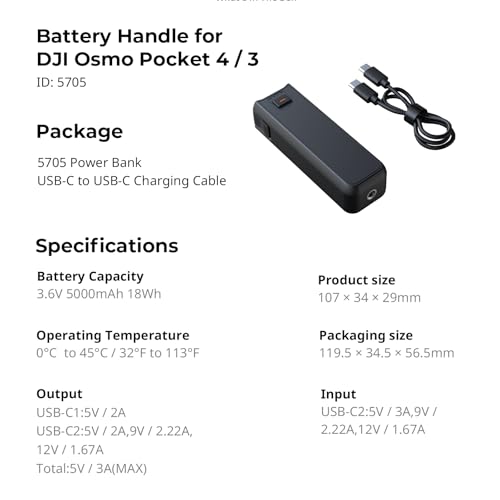 SmallRig Osmo Pocket 4P/4/3/Xtra Muse Battery Handle 5000mAh for DJI | 20W Fast Charge Power Grip, Wireless Mic Direct Connection, 1/4" Thread for Tripod/Selfie Stick, Smart Temperature Control