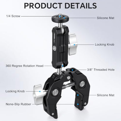 Super Clamp Camera Clamp Mount Monitor 360°Ballhead Magic Arm Double Ball Head Adapter with 1/4"-20 & 3/8"-16 Thread for Canon Nikon DSLR Camera/Gopro/LED Light Ronin-M/Ronin MX/FreeflyMOVI