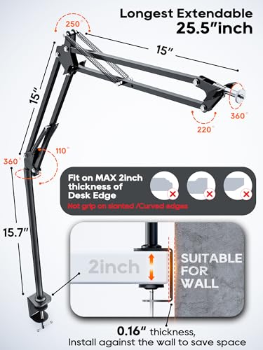 CACENCAN Overhead Camera Mount, 5lb Horizontal Load-Bearing, 360° Adjustable Stand for Desk, Flexible Arm Desk Mount, with Phone Clamp, Tabletop Mount for DSLR Camera/Webcam/Microphone（White - color: White
