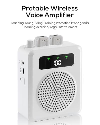 Wireless Voice Amplifier with Lavalier Microphones, Portable Voice Amplifier, Microphone with Speaker, Mini Megaphone with Clip on/Lapel Mic Teacher Microphone for Classroom Speech (White) - color: White