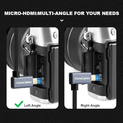 Alvin's Cables Left Angle Micro HDMI to HDMI Cable 8K@60Hz 4K@120Hz, Braided Coiled HDMI 2.1 for Sony A7RIII/A7II/A7M3, Canon R5/M6, Fujifilm X-T4/X-T3, GoPro, Nikon - Ultra Durable - color: Black, style: Left Angle micro HDMI