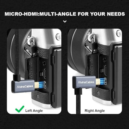 Alvin's Cables Left Angle Micro HDMI to HDMI Cable 8K@60Hz 4K@120Hz, Braided Coiled HDMI 2.1 for Sony A7RIII/A7II/A7M3, Canon R5/M6, Fujifilm X-T4/X-T3, GoPro, Nikon - Ultra Durable - color: Black, style: Left Angle micro HDMI