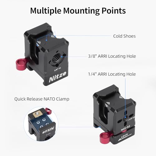 Nitze Quick Release NATO Clamp, with 3 Cold Shoes and 1/4", 3/8" Locating Holes for ARRI, Compatible with Monitor Mount, LED Light, Microphone, and DJI Gimbals - N45-A2