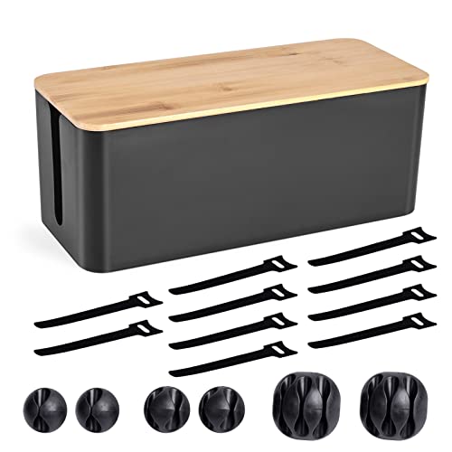 Cable Management Box - Wooden Style Cord Organizer Box to Hide Wires & Power Strips | Desk Computer Cable Organizer Box | Safe ABS Material | 12.6" (L) x 5.3" (W) 4.9" (H) | for Home & Office - Black - size: Medium