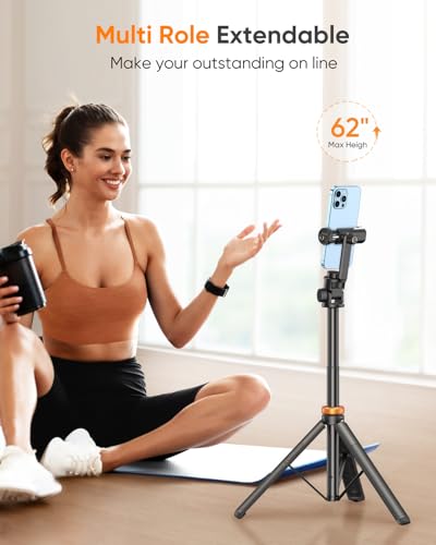 EUCOS 62" Phone Tripod, Tripod for iPhone & Selfie Stick with Remote, Extendable Cell Phone Stand & Ultimate Phone Holder, Solidest Phone Stand Compatible with iPhone/Android - color: Inferno Mix Carbon Black