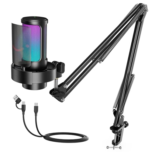 FIFINE USB Gaming Microphone Kit, PC Streaming Mic with RGB Lights, Mute, Gain Knob, Metal Boom Arm for Recording Podcast, Condenser Computer Microphone Set Compatible with PS4/PS5-AmpliGame A8T - size: A8T-Boom Arm