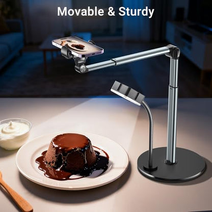 Overhead Phone Mount with Rechargeable Light for iPhone, Table Tripod for Content Creators, Portable Phone Camera Stand for Cooking, Video Recording, Filming, Nail Techs