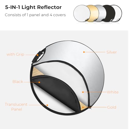K&F CONCEPT 22"/60cm 5-in-1 Light Reflector with Handle Grip and Bag, Multi Disc Collapsible Portable Photography Diffuser Gold, Silver, White, Black, Translucent for Studio and Outdoor Lighting - size: 22 inches (60 cm)