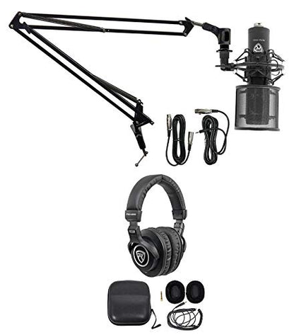 Rockville Gaming Bundle: RCM PRO Condenser Microphone, Epic Sound, DMS40 40" Microphone Boom Arm w/Desk Clamp, PRO-M50 Studio Headphones w/Detachable Cable, 3-Items