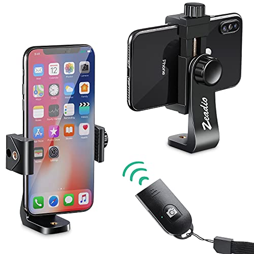 Zeadio Tripod Smartphone Mount, Cell Phone Holder Adapter, Selfie Stick Monopod Adjustable Clamp, Vertical and Horizontal Swivel Bracket, Fits for iPhone, Samsung, Huawei and All Phones - style: Remote Shutter Version