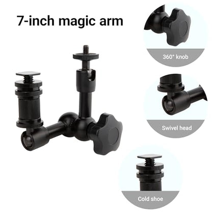 7-Inch Magic Arm - Articulating Friction Arm with 1/4" Tripod Screw & Cold Shoe Mount - 360 Swivel Ball Head Monitor Mount for DSLR Camera Rig, LED Light, Microphone - Black